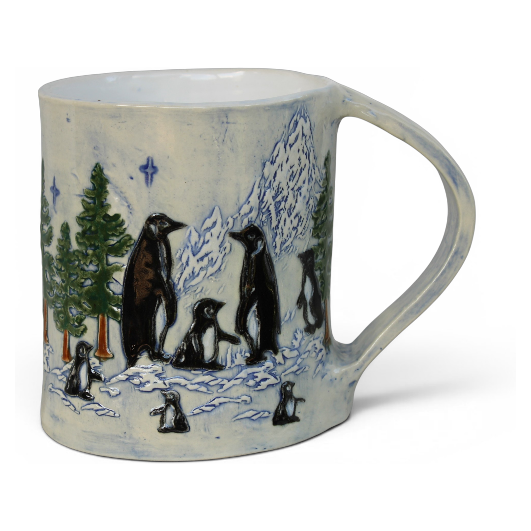 Penguin mug with mountain scene